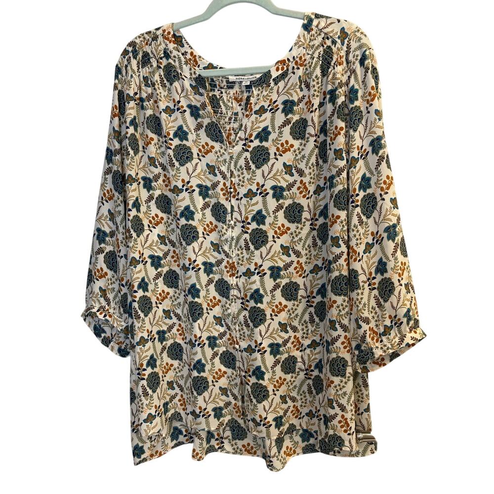 Rose & Olive Floral Smocked V-Neck Blouse 3/4 Sleeve Roll Tab Top Plus Size 3X